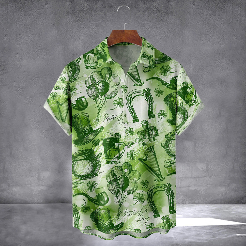 Lucky Clover Gold Coins And Beer Pattern Hawaiian Shirt With Pocket Patrick's Day Shirt For Men - Famerry