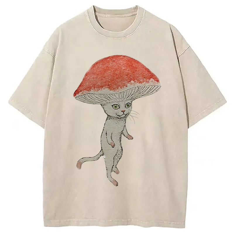 Magic Mushroom Cat Washed T-Shirt Classic Graphic Fashion Tee Gifts For Him - Gypsysystersgift