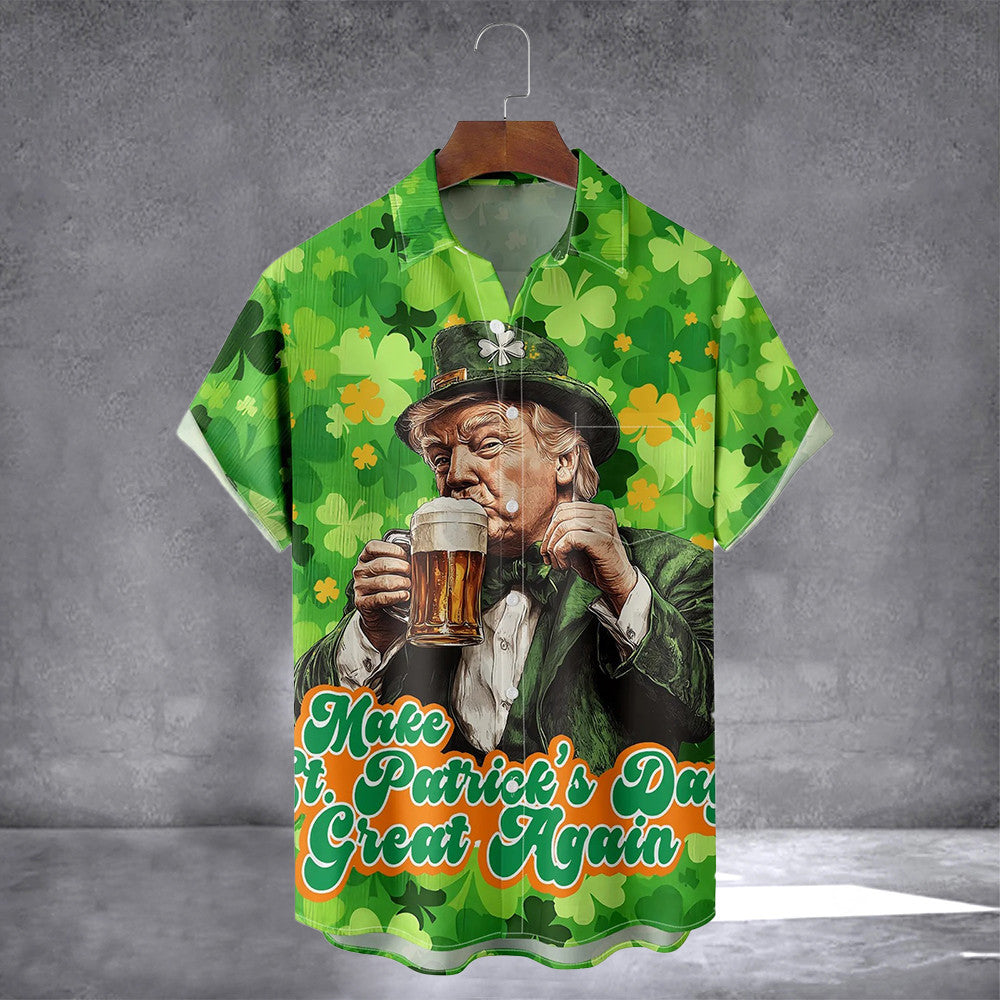 Make St Patrick's Day Great Again Trump Drinking Hawaiian Shirt With Pocket Patrick's Day Shirt - Famerry