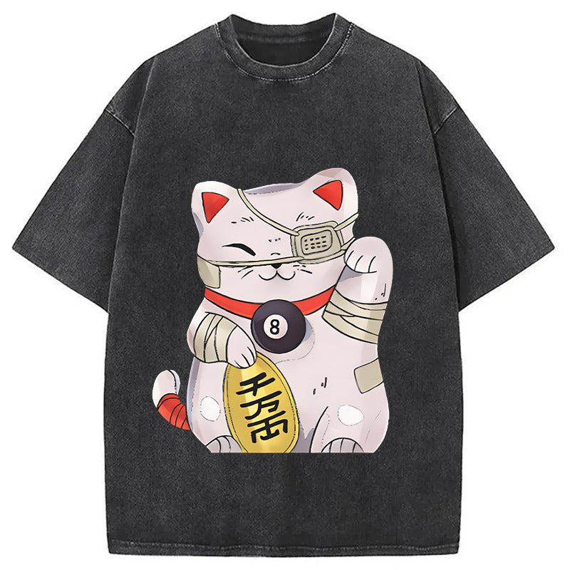 Maneki Neko Washed T-Shirt Minimal Retro Graphic Clothing Gifts For Him - Gypsysystersgift