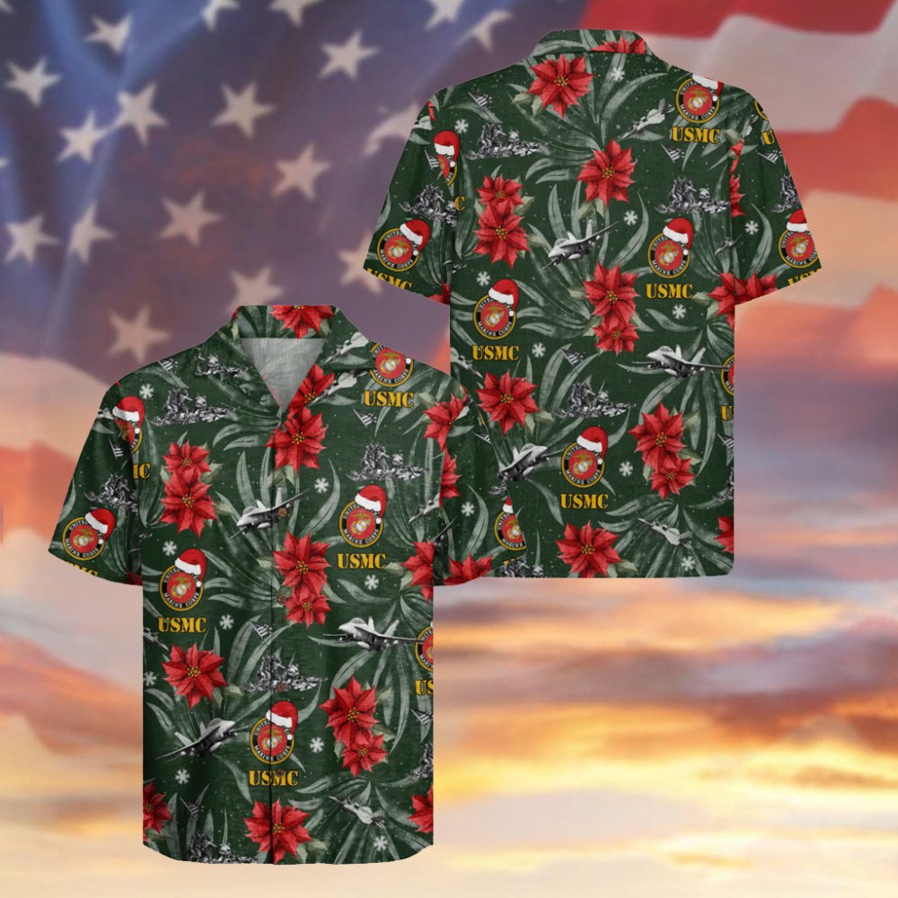 Marine Corps Christmas Hawaiian Shirt USMC Logo Red Poinsettia Festive Clothing For Him - Gypsy Systers