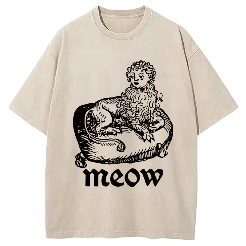 Meow Funny Meme Washed T-Shirt Casual Oversized Outfit Style Gifts For Her - Gypsysystersgift