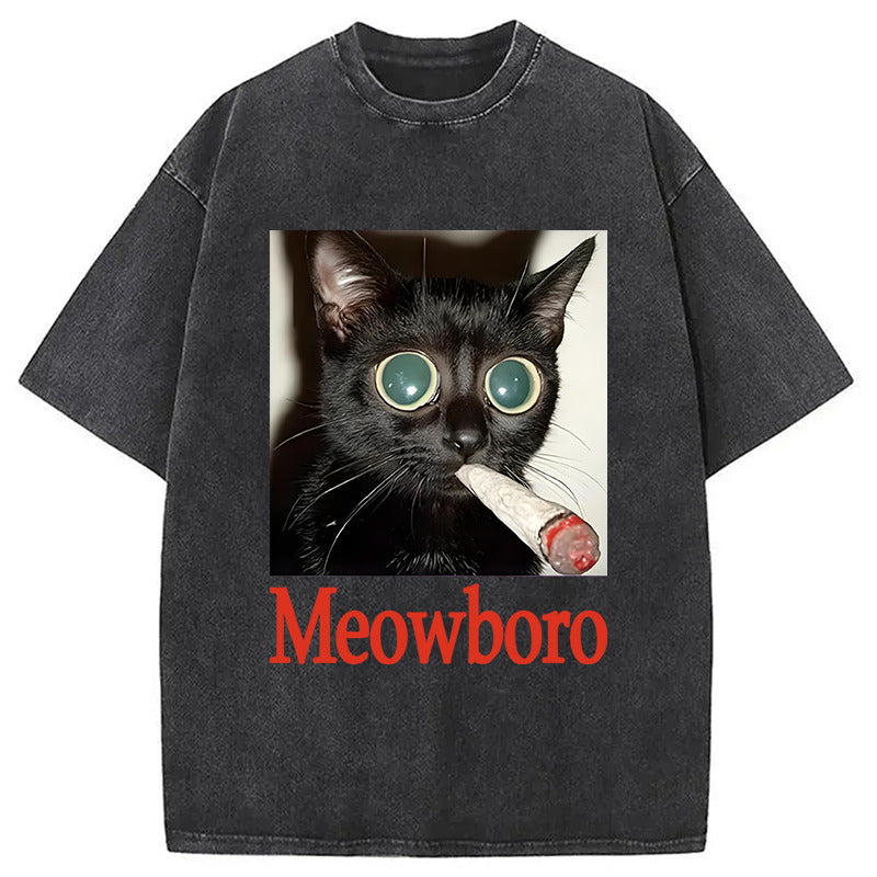 Meowboro Cat Smoking Washed T-Shirt Retro Humor Graphic Top Gifts For Him - Gypsysystersgift