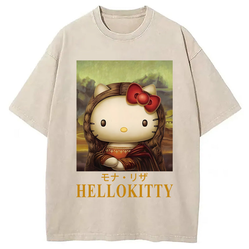 Mona Lisa Kitty Vintage Japanese Washed T-Shirt Cool Graphic Tee For Men Women Gifts For Him - Gypsysystersgift