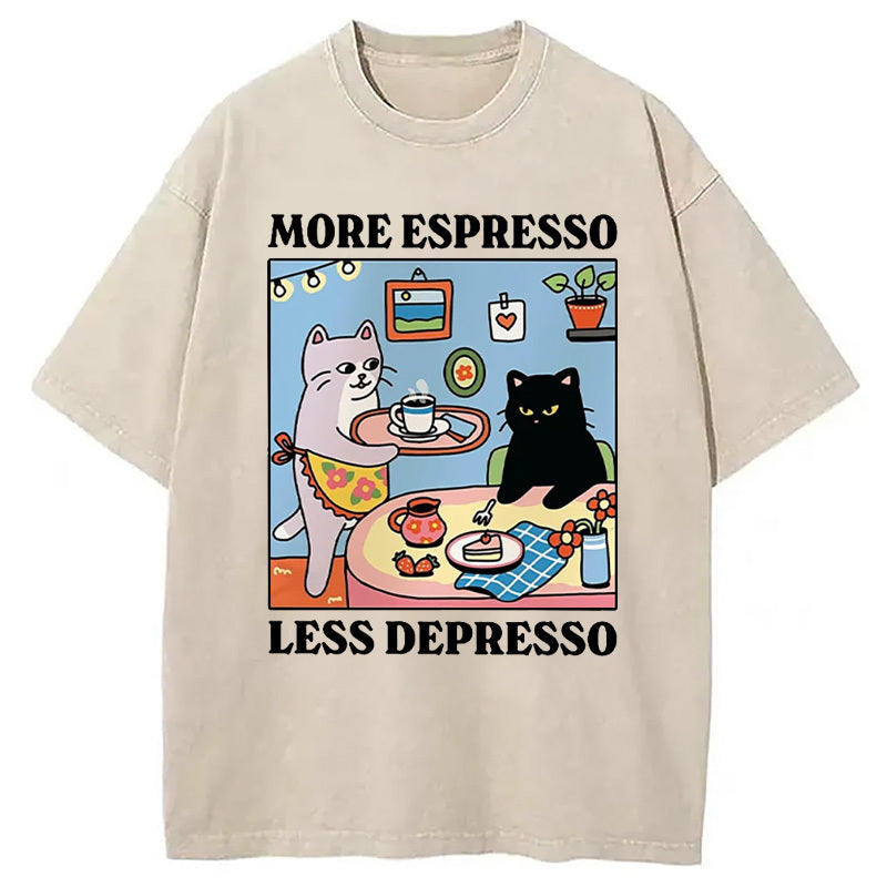 More Espresso Less Depresso Black Cat Kitchen Washed T-Shirt Retro Streetwear Graphic Top Gifts For Him - Gypsysystersgift