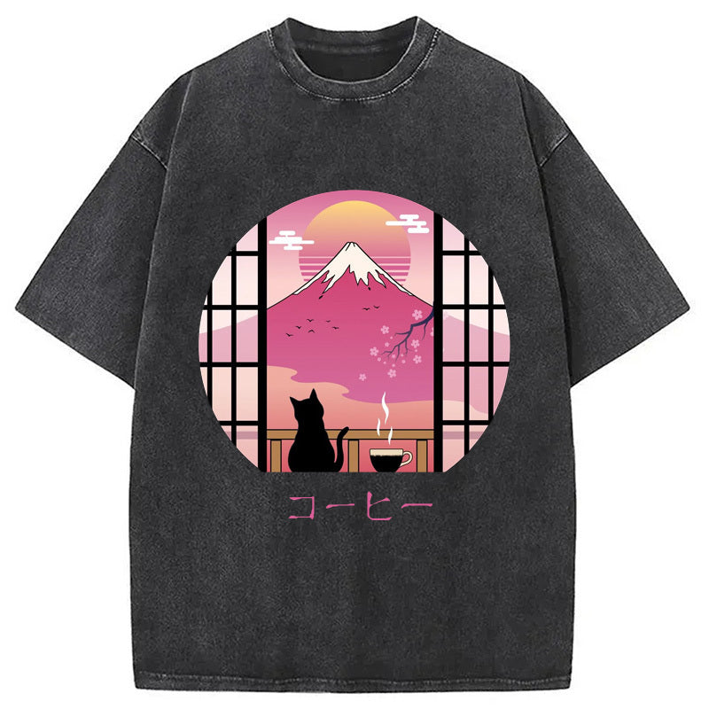 Mount Fuji Black Cat Tea Washed T-Shirt Casual Vintage Everyday Look Gifts For Best Friend - Gypsysystersgift