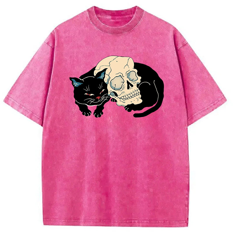 Neko Skull Washed T-Shirt Retro Streetwear Graphic Top Gifts For Her - Gypsysystersgift