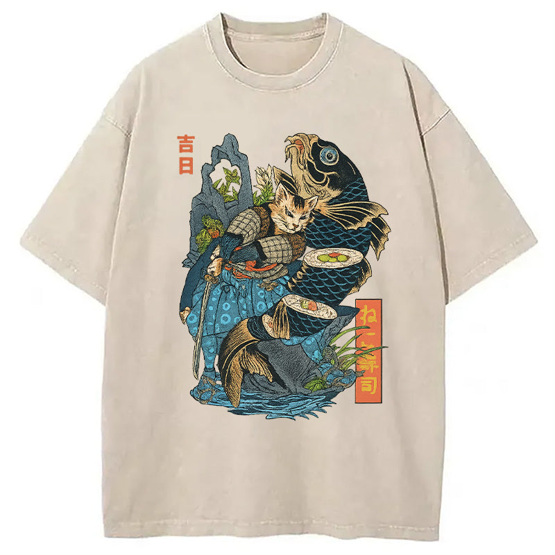 Neko Sushi Washed T-Shirt Classic Graphic Fashion Tee Gifts For Brother - Gypsysystersgift