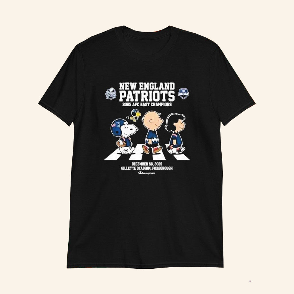 New England Football AFC East Champions 2025 Peanuts Road Abbey T-Shirt Fan Merch Gifts For Him - GypsysystersGift