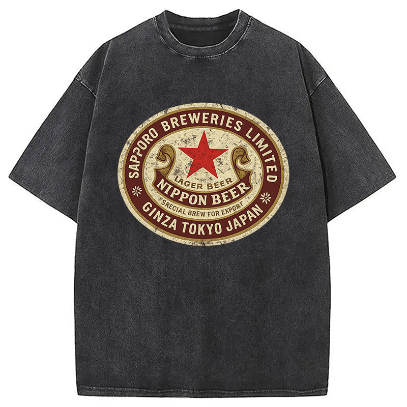 Nippon Beer Washed T-Shirt Minimal Retro Graphic Clothing Gifts For Him - Gypsysystersgift