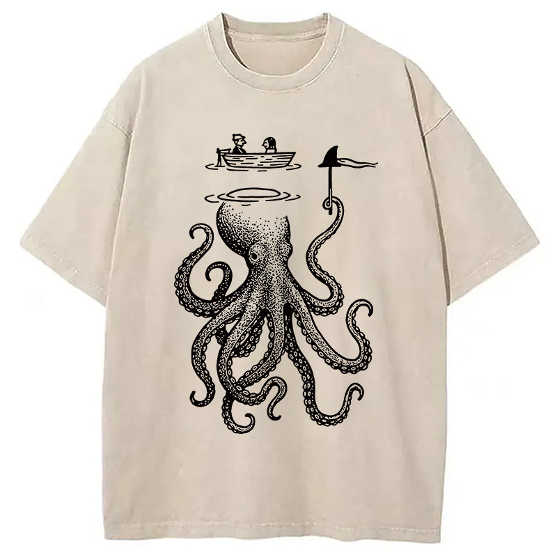 Octopus Disguised As Shark Washed T-Shirt Trendy Everyday Casual Outfit Gifts For Besties - Gypsysystersgift