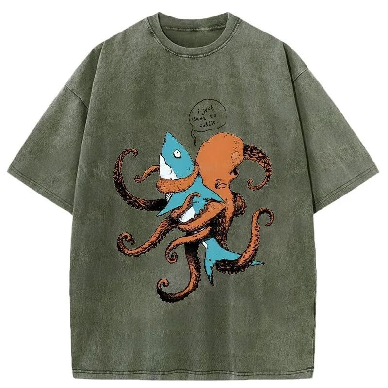 Octopus Entangles Shark Washed T-Shirt Funny Aesthetic Trendy Apparel Gifts For Her - Gypsysystersgift