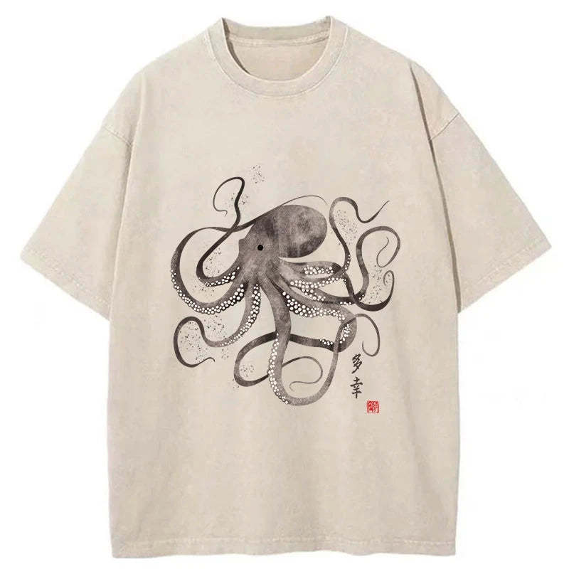 Octopus Japanese Calligraphy Washed T-Shirt Unique Aesthetic Fashion Tee Gifts For Her - Gypsysystersgift