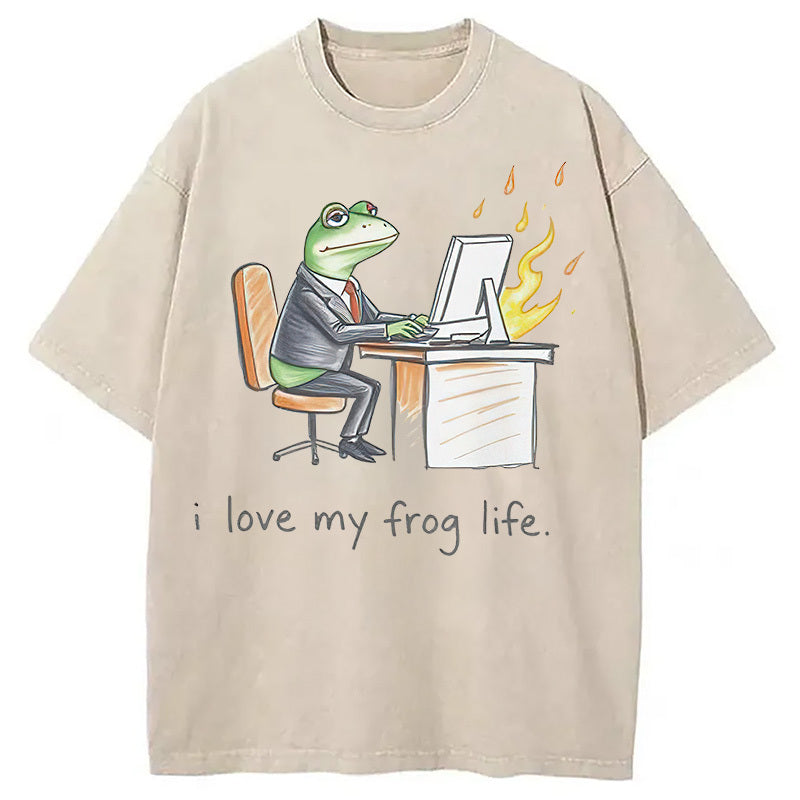 Office Burnout Funny Frog Meme Washed T-Shirt Classic Graphic Fashion Tee Gifts For Her - Gypsysystersgift