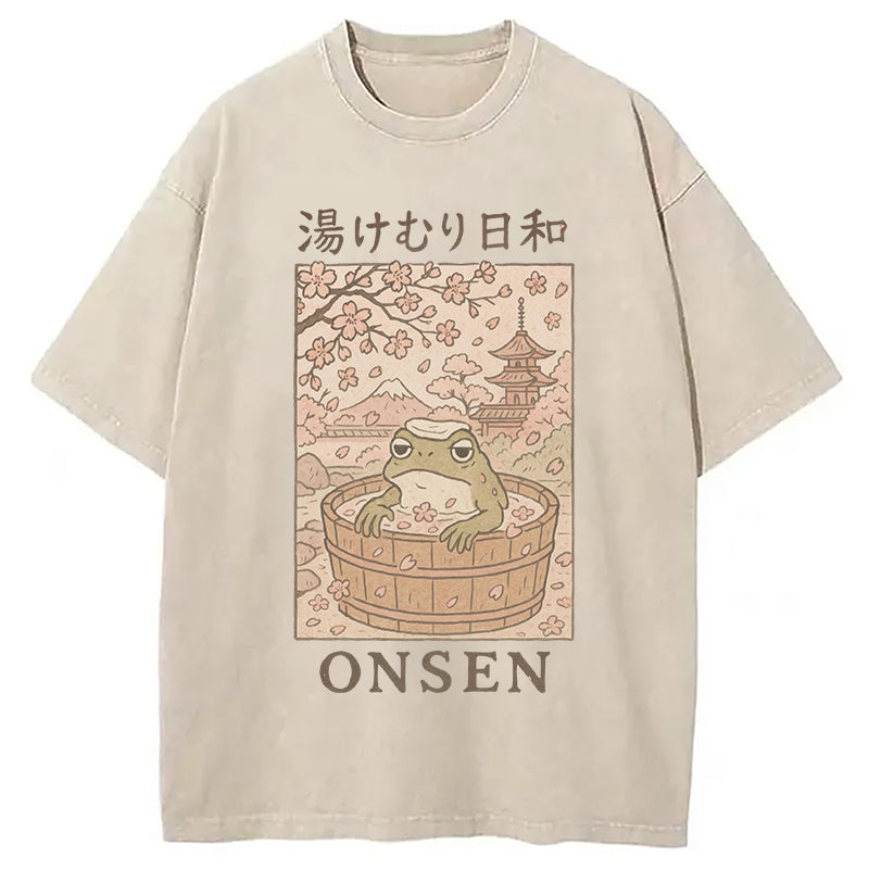 Onsen Frog Japanese Washed T-Shirt Unique Aesthetic Fashion Tee Gifts For Him - Gypsysystersgift