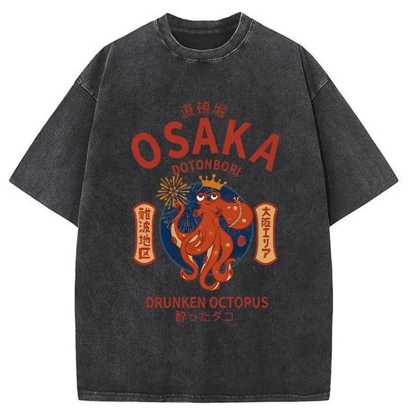 Osaka Dotonbori Drunken Octopus Washed T-Shirt Funny Graphic Gift For Friends Gifts For Her - Gypsysystersgift