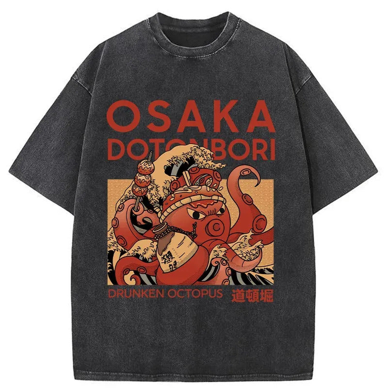 Osaka Octopus Monster Washed T-Shirt Casual Vintage Everyday Look Gifts For Him - Gypsysystersgift