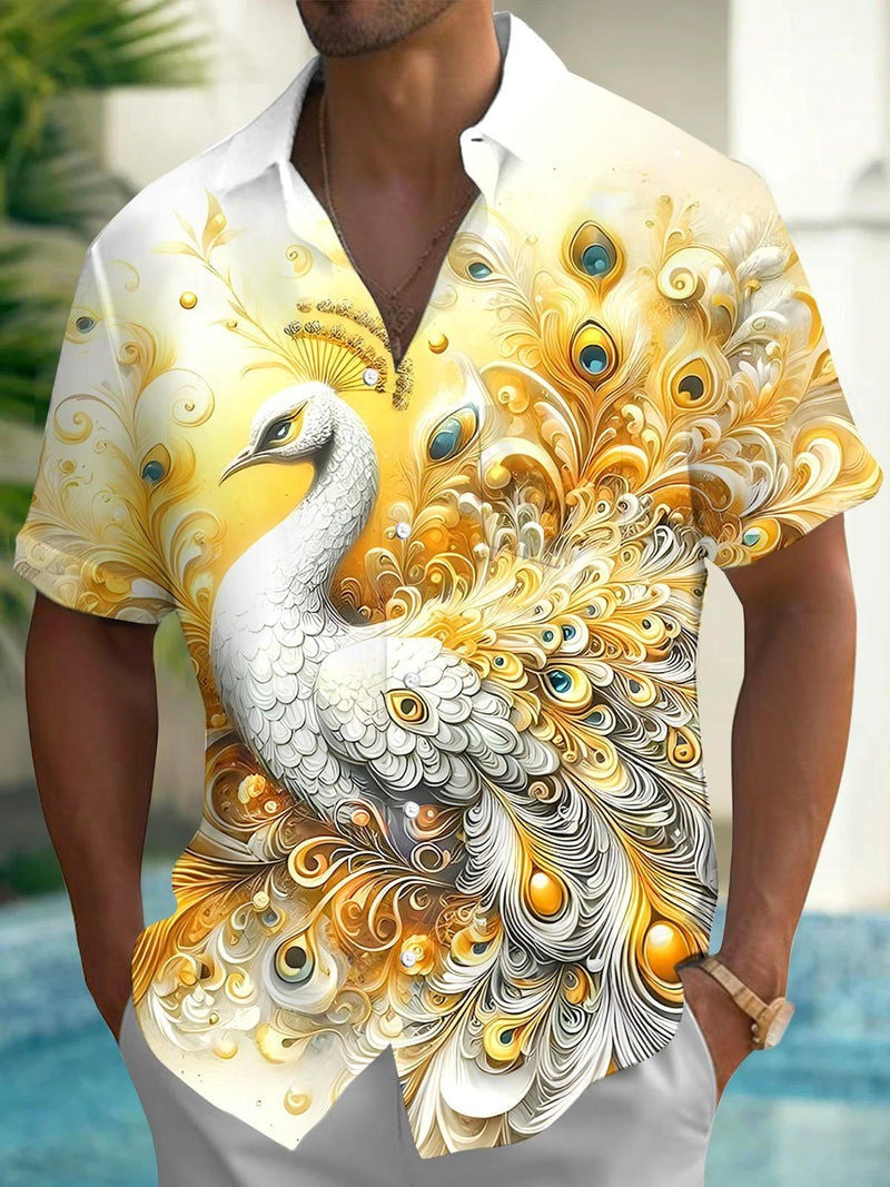 Peacock Feather Hawaiian Shirt Men's White Gold Peacock Button Up Shirt Gifts For Him - Gypsy Systers