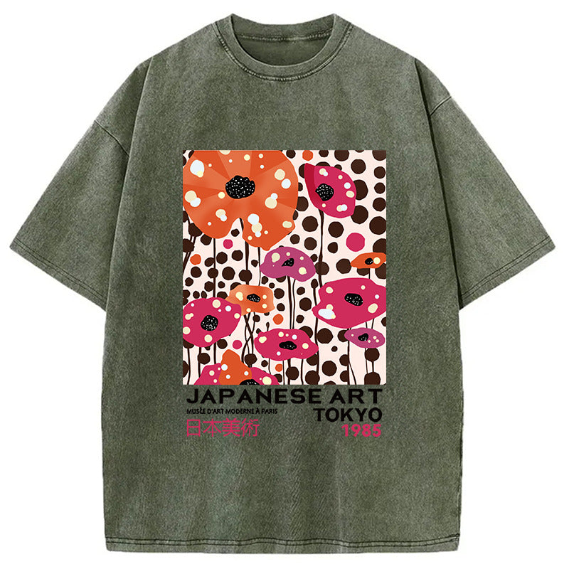 Pink Flowers Japanese Art Washed T-Shirt Trendy Aesthetic Graphic Apparel Gifts For Her - Gypsysystersgift