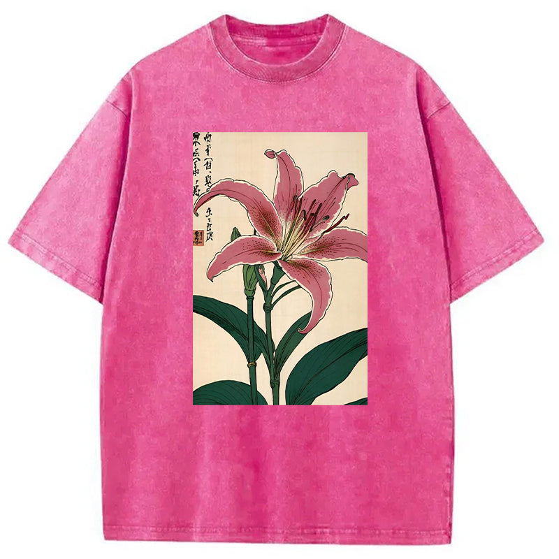 Pink lily Japanese Washed T-Shirt Unique Aesthetic Fashion Tee Gifts For Him - Gypsysystersgift