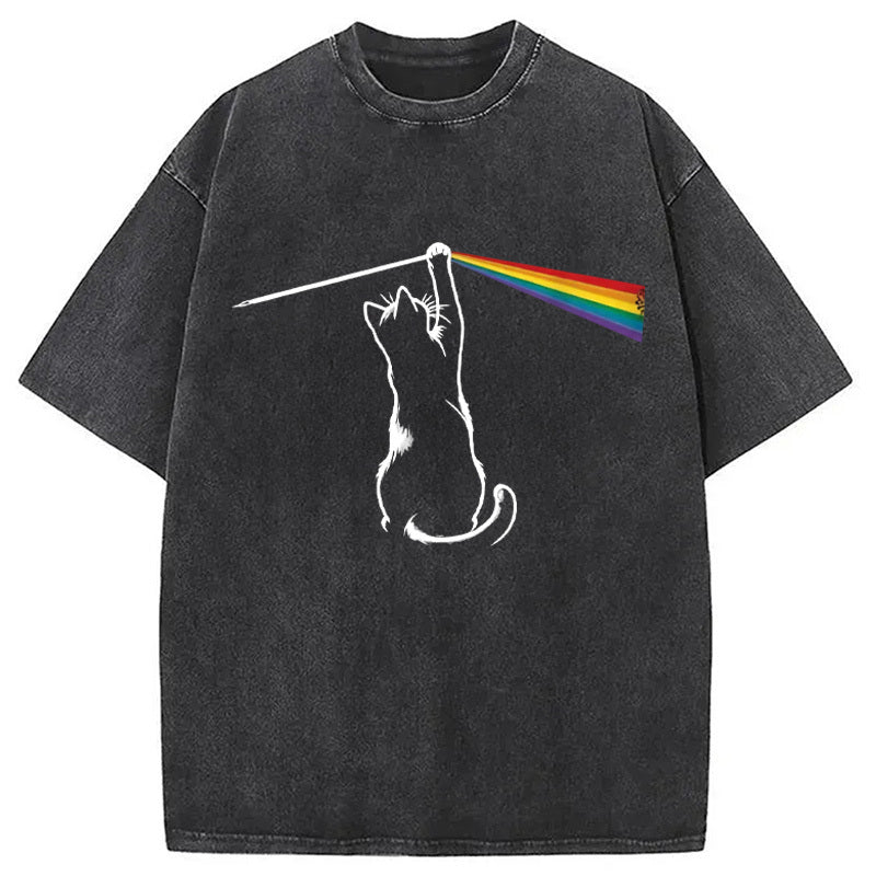 Playing with Light Cat Washed T-Shirt Trendy Everyday Casual Outfit Gifts For Her - Gypsysystersgift