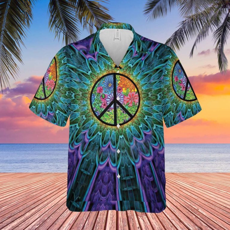 Psychedelic Peace Hawaiian Shirt Flower Hippie Aloha Shirt Gifts For Him - Famerry