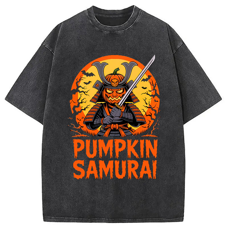 Pumpkin Samurai Funny Halloween Washed T-Shirt Retro Streetwear Graphic Top Gifts For Her - Gypsysystersgift