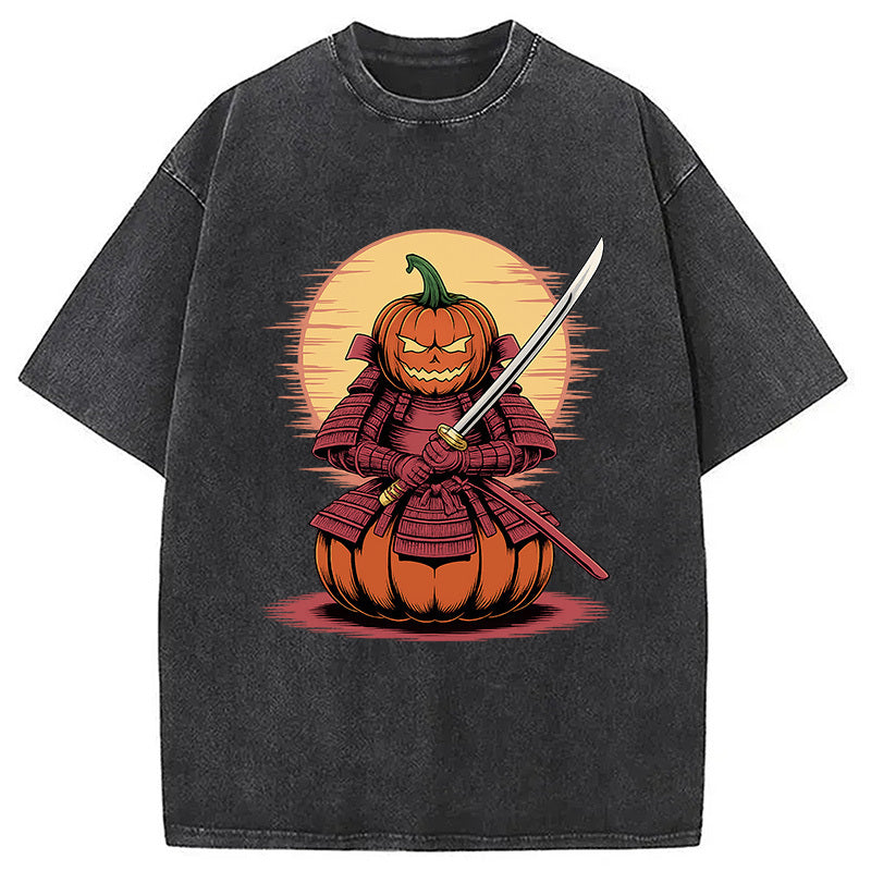 Pumpkin Samurai Japanese Halloween Washed T-Shirt Casual Oversized Outfit Style Gifts For Him - Gypsysystersgift