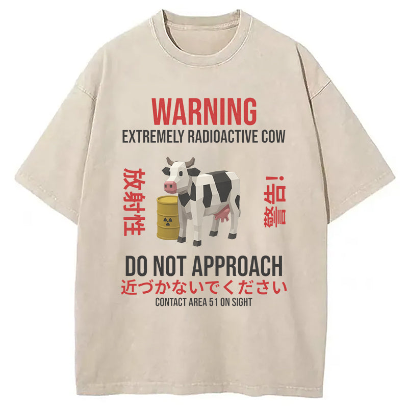 Radioactive Cow Warning Washed T-Shirt Classic Graphic Fashion Tee Gifts For BFF - Gypsysystersgift