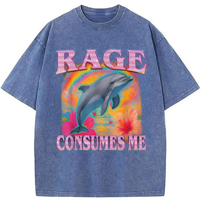 Rage Consumes Me Dolphin Meme Washed T-Shirt Trendy Aesthetic Graphic Apparel Gifts For Her - Gypsysystersgift