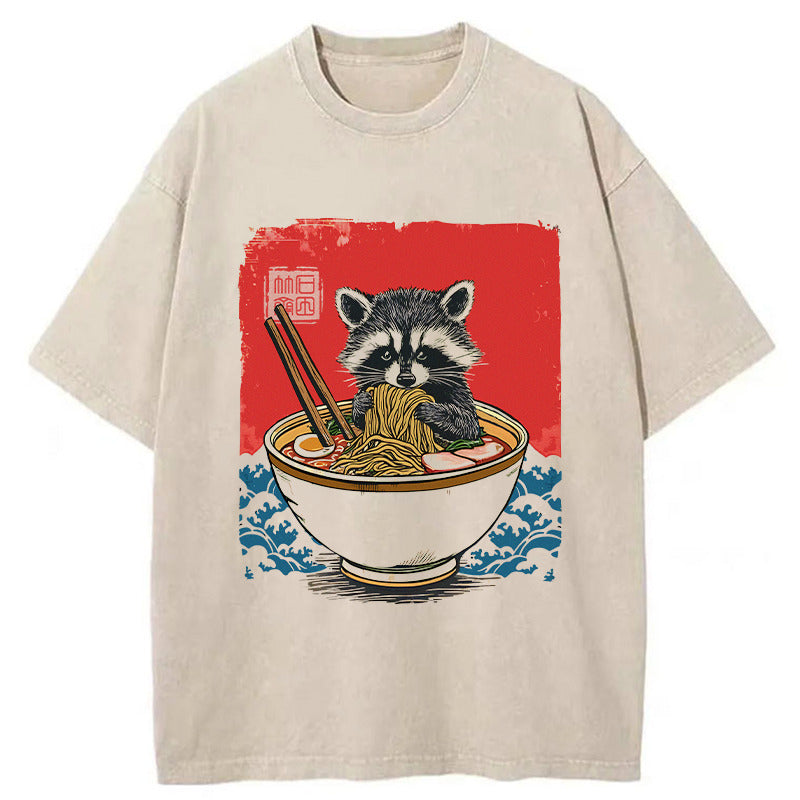 Ramen Lover Raccoon Washed T-Shirt Unisex Streetwear Graphic Style Gifts For Him - Gypsysystersgift