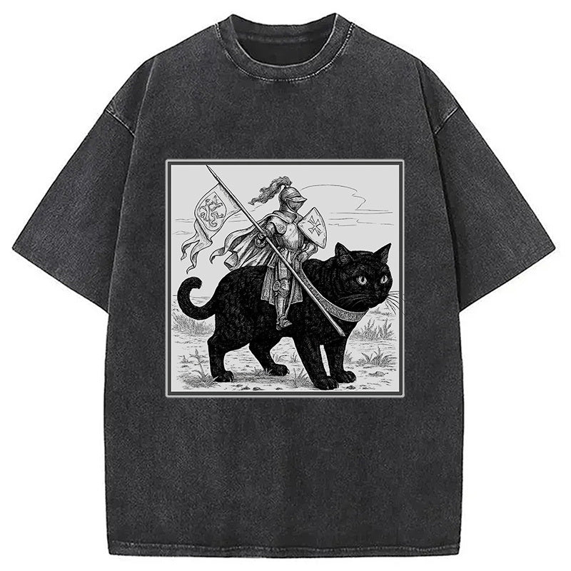 Renaissance Fair Knight Cat Ride Washed T-Shirt Retro Humor Graphic Top Gifts For Her - Gypsysystersgift