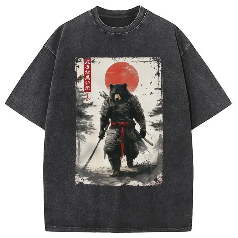 Retro Black Bear Samurai Washed T-Shirt Everyday Comfort Graphic Shirt Gifts For Besties - Gypsysystersgift