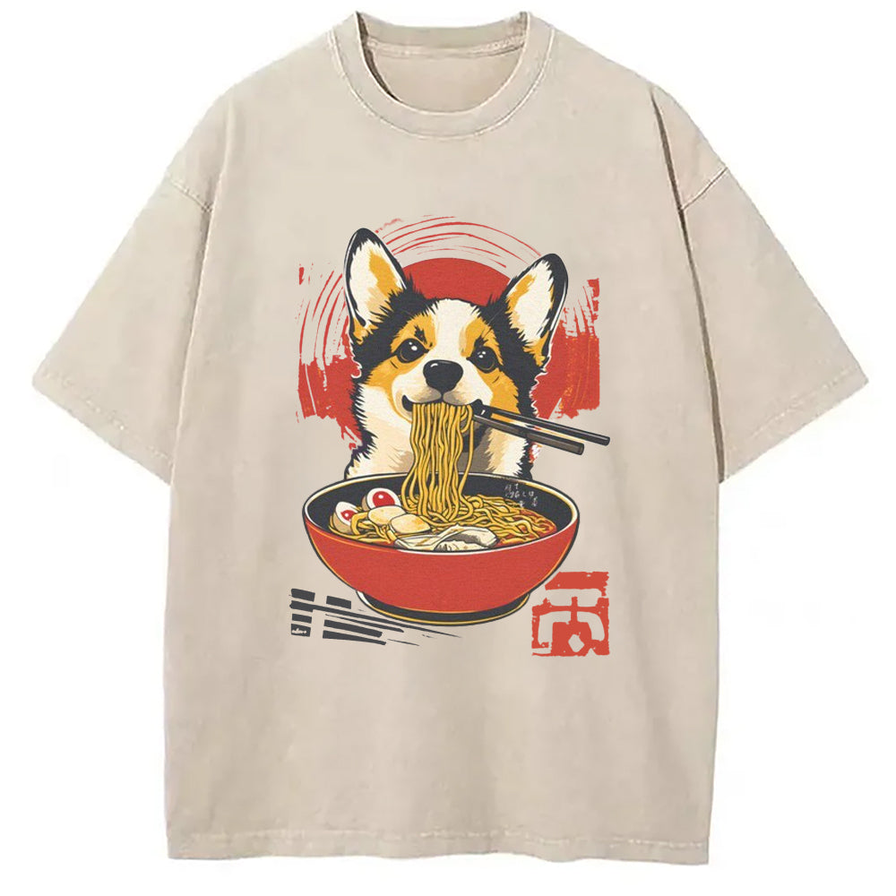 Retro Dog Ramen Washed T-Shirt Retro Streetwear Graphic Top Gifts For Him - Gypsysystersgift