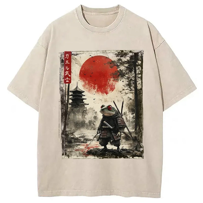 Retro Frog Samurai Japan Washed T-Shirt Retro Humor Graphic Top Gifts For Her - Gypsysystersgift