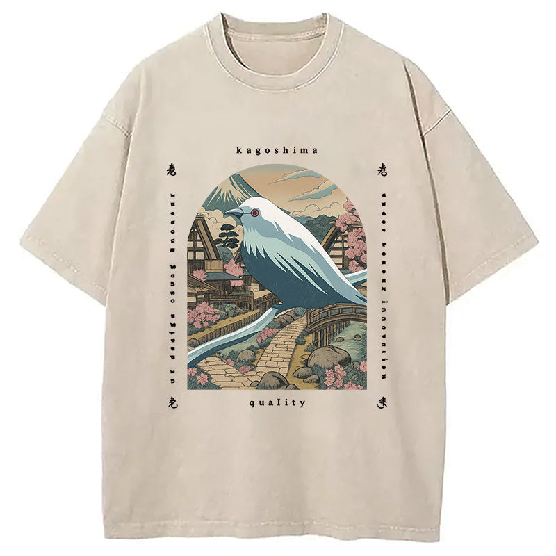 Retro Japan Culture Bird Washed T-Shirt Minimal Retro Graphic Clothing Gifts For Her - Gypsysystersgift