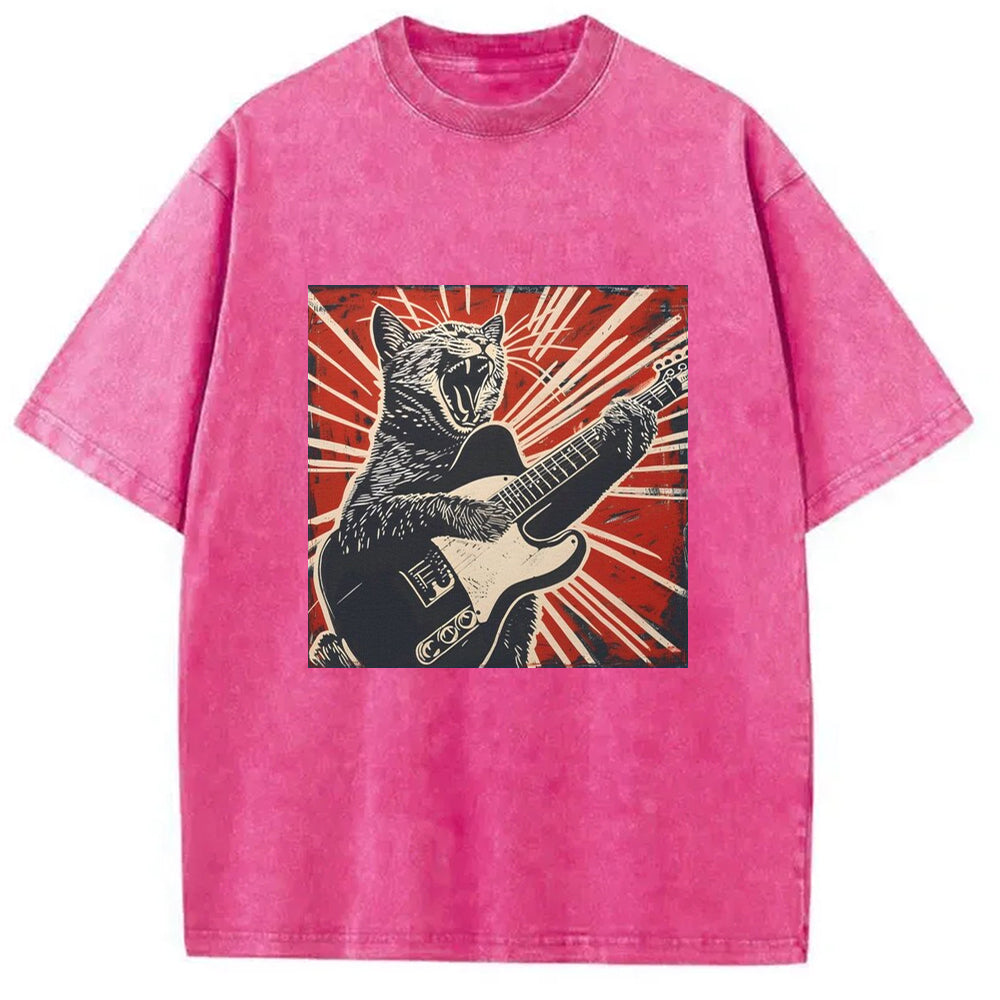 Rock Cat Playing Guitar Washed T-Shirt Trendy Aesthetic Graphic Apparel Gifts For Him - Gypsysystersgift