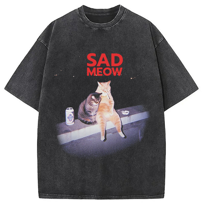 Sad Meow Smoking Cat Washed T-Shirt Everyday Comfort Graphic Shirt Gifts For Her - Gypsysystersgift