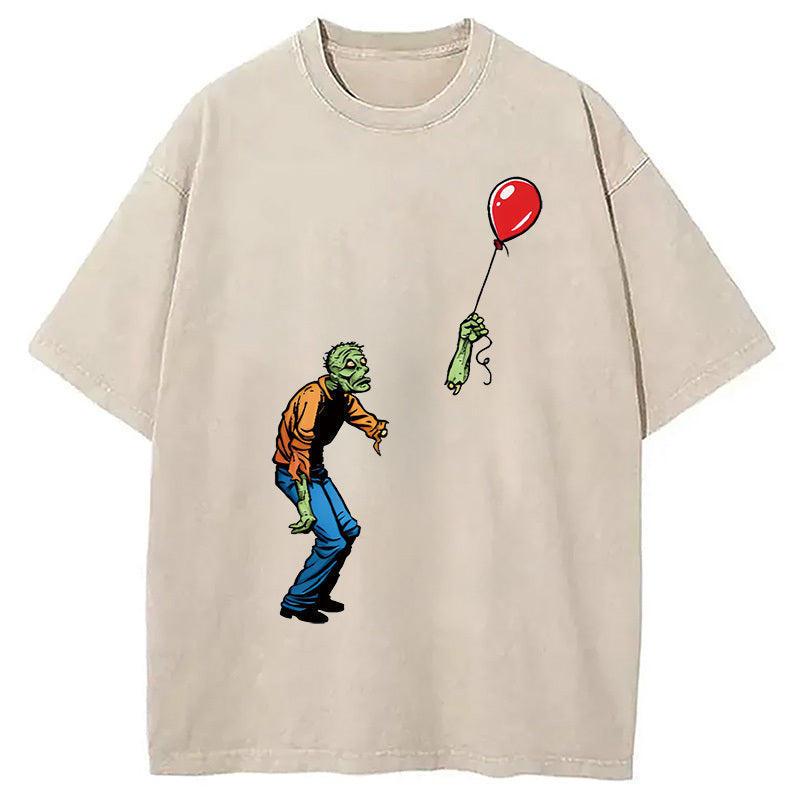 Sad Zombie and Balloon Washed T-Shirt Cool Urban Street Style Shirt Gifts For Her - Gypsysystersgift