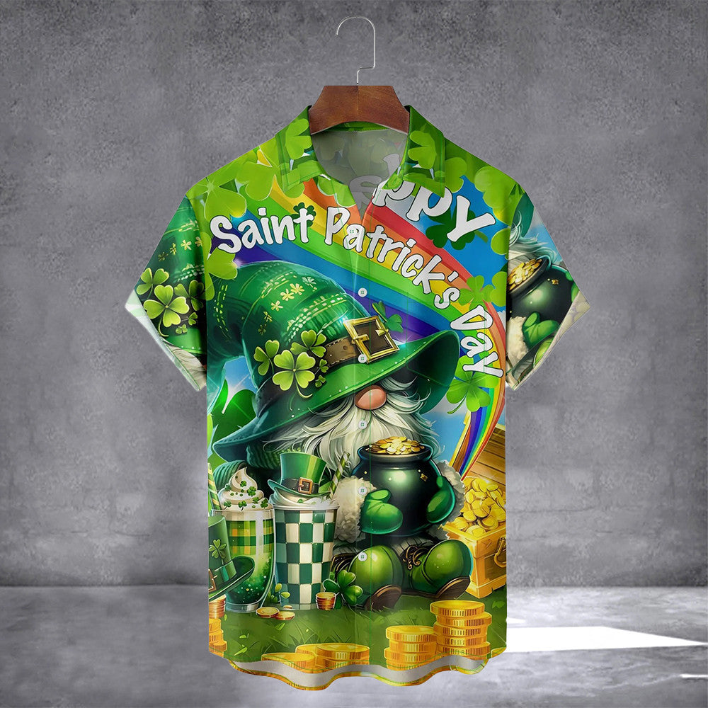 Saint Patrick's Day Gold Coins Gnome Hawaiian Shirt With Pocket March 17 Holiday Button Up Shirt - Famerry