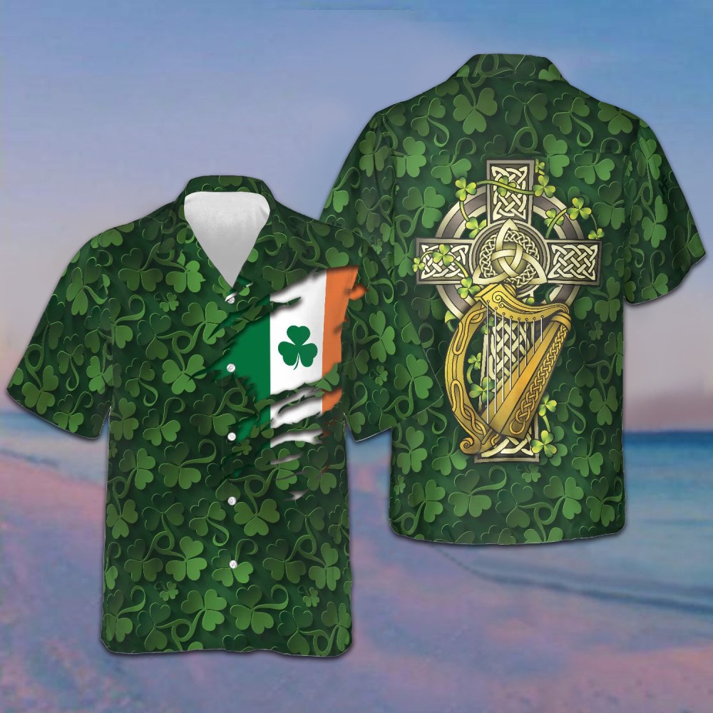 Saint Patrick's Day Ireland Shamrock Hawaiian Shirt Celtic Cross Irish Shirt Gifts For Him - Famerry