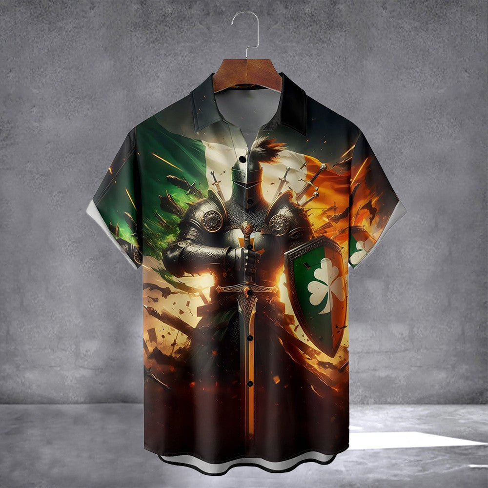 Saint Patrick's Day Irish Flag Shamrock Knight Hawaiian Shirt With Pocket March 17 Holiday Shirt - Famerry