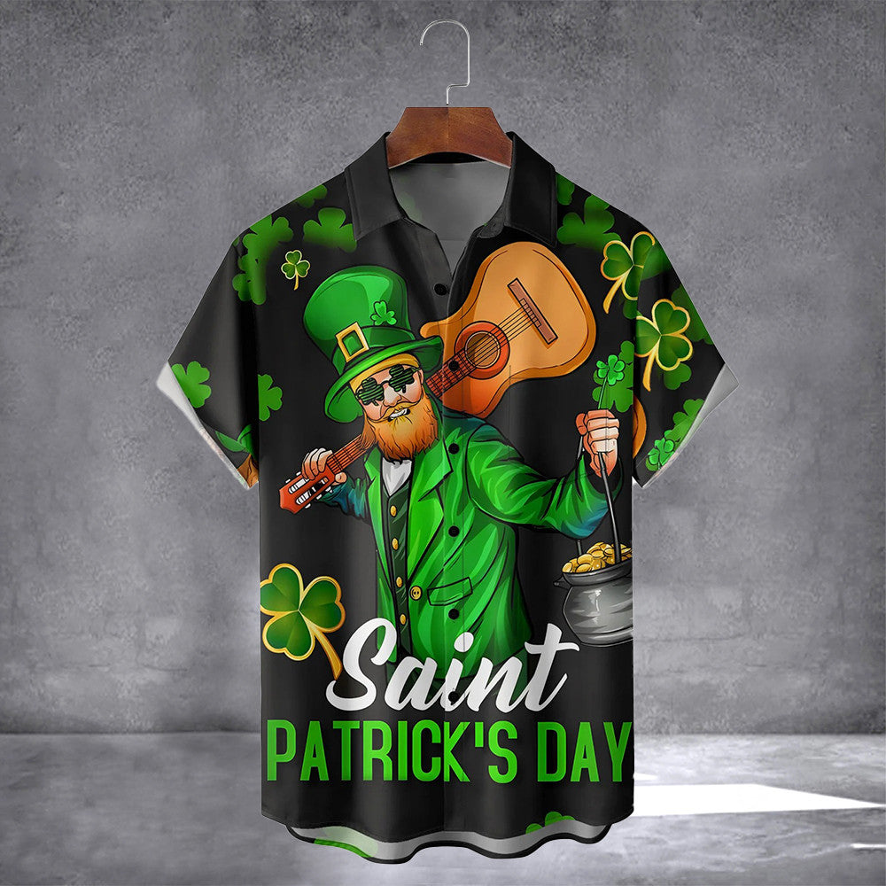 Saint Patrick's Day Lucky Clover Gold Coins Music Guitar Hawaiian Shirt With Pocket For Irish - Famerry