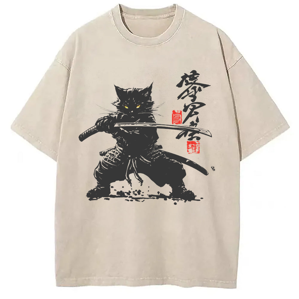 Samurai Cat Japanese Washed T-Shirt Trendy Aesthetic Graphic Apparel Gifts For Him - Gypsysystersgift