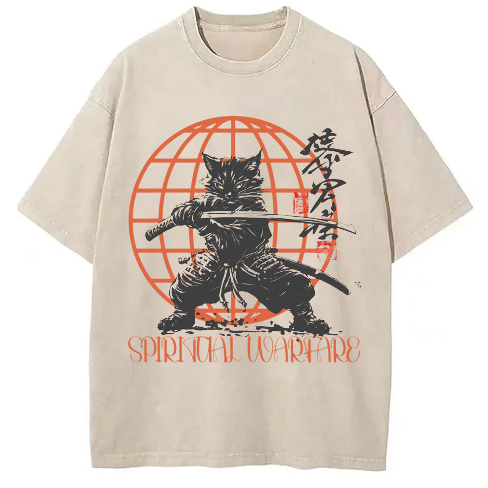 Samurai Cat Spiritual Warfare Washed T-Shirt Funny Graphic Gift For Friends Gifts For Him - Gypsysystersgift