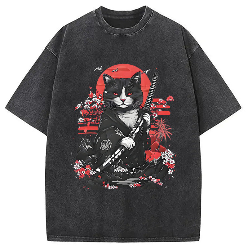 Samurai Cat Washed T-Shirt Unique Aesthetic Fashion Tee Gifts For Him - Gypsysystersgift
