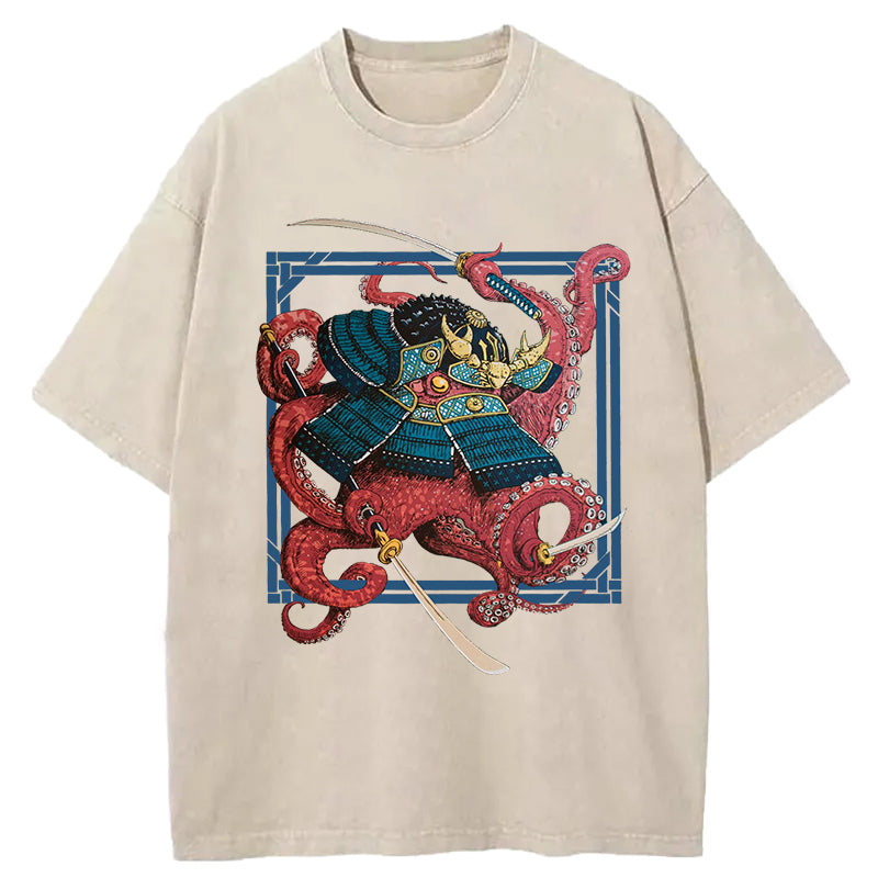 Samurai Octopus Swinging Sword Washed T-Shirt Trendy Aesthetic Graphic Apparel Gifts For Him - Gypsysystersgift