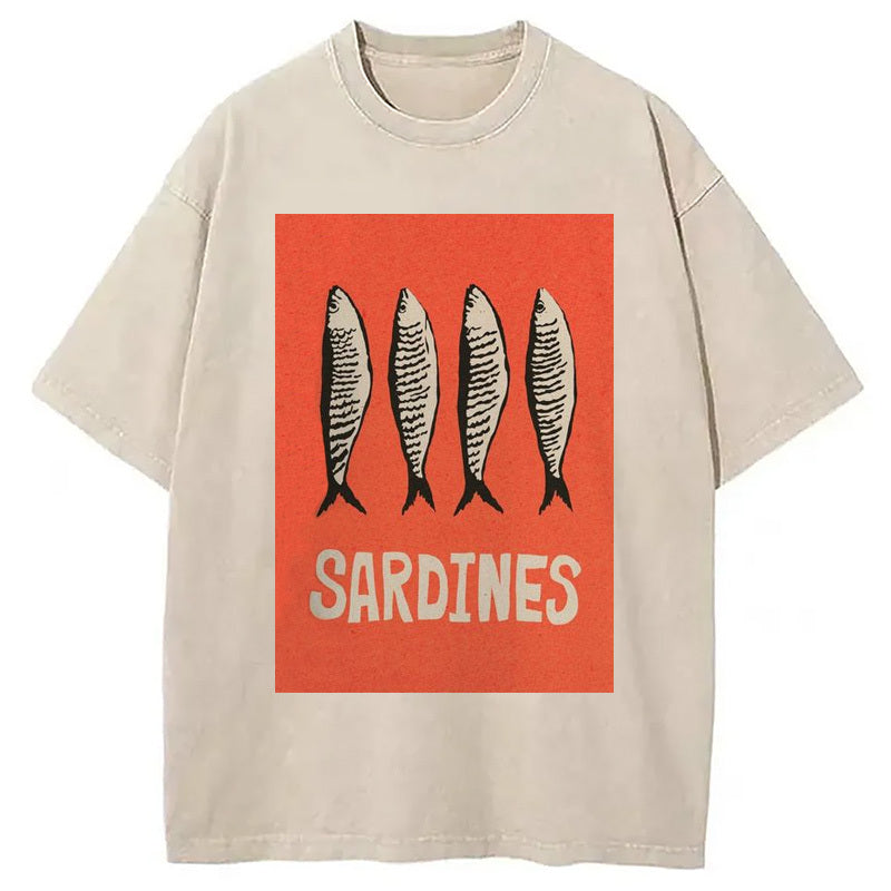 Sardines Japanese Washed T-Shirt Retro Streetwear Graphic Top Gifts For Him - Gypsysystersgift