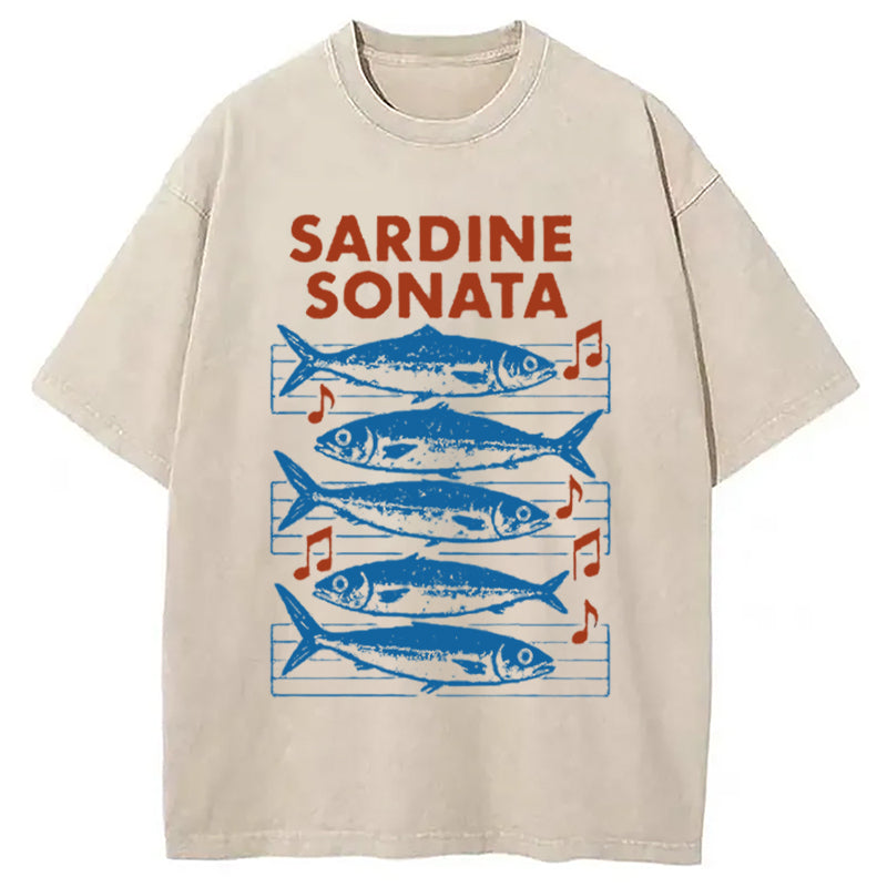 Sardines Sheet Music Washed T-Shirt Minimal Retro Graphic Clothing Gifts For Him - Gypsysystersgift