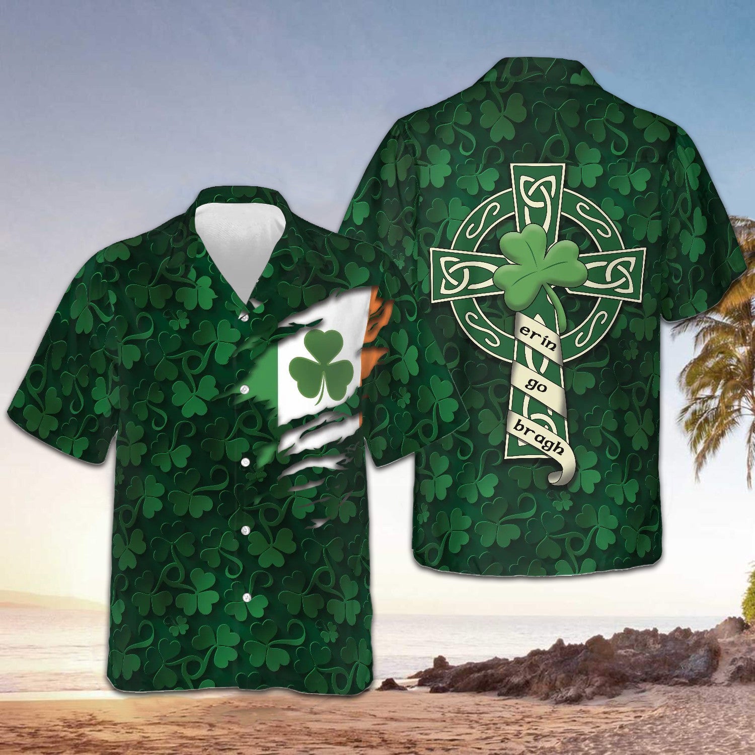 Shamrock St Patrick's Day Hawaiian Shirt Erin Go Bragh Celtic Cross Irish Mens Apparel - Famerry